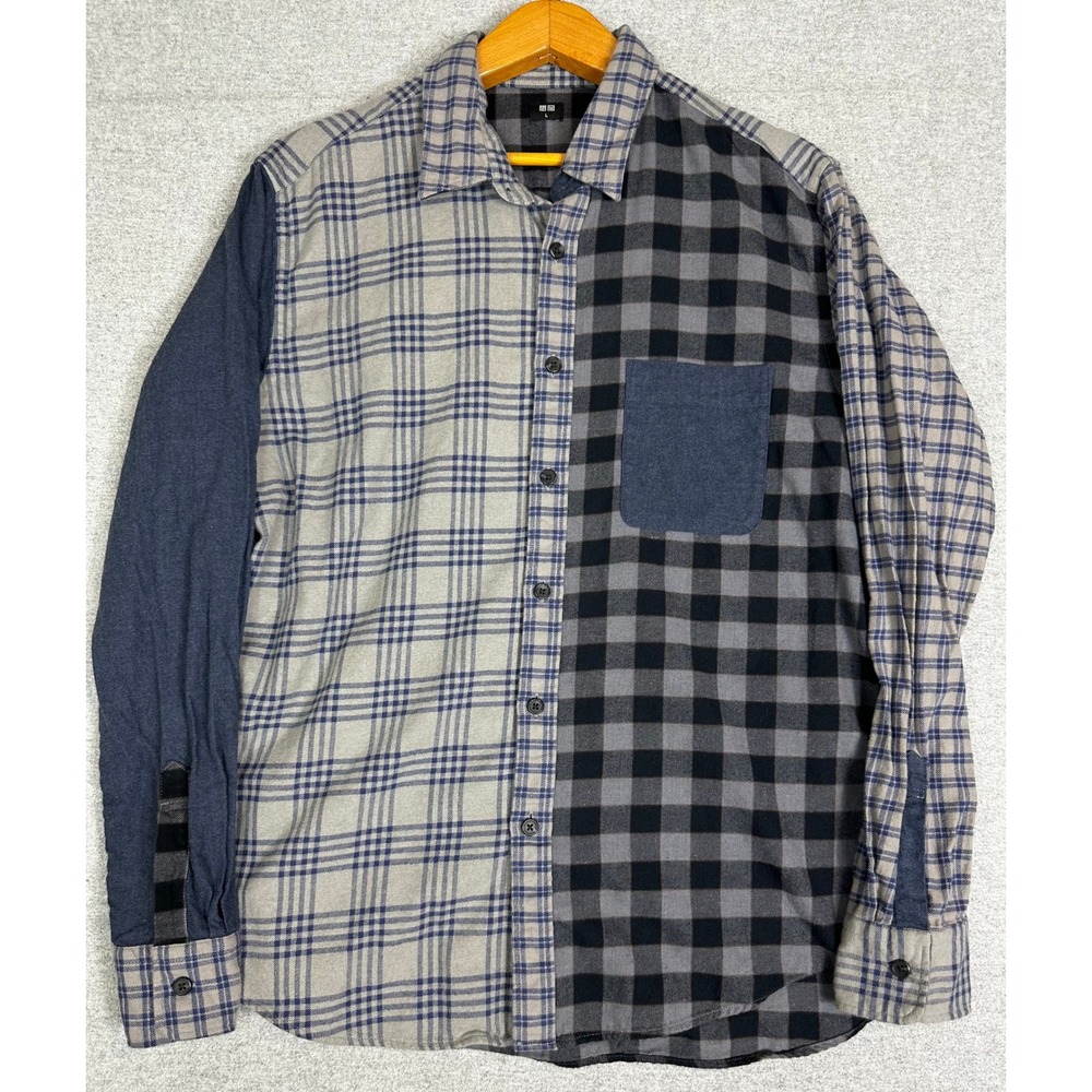 Uniqlo Flannel Shirt Mens L Grey Patchwork Mixed Plaid Button Down